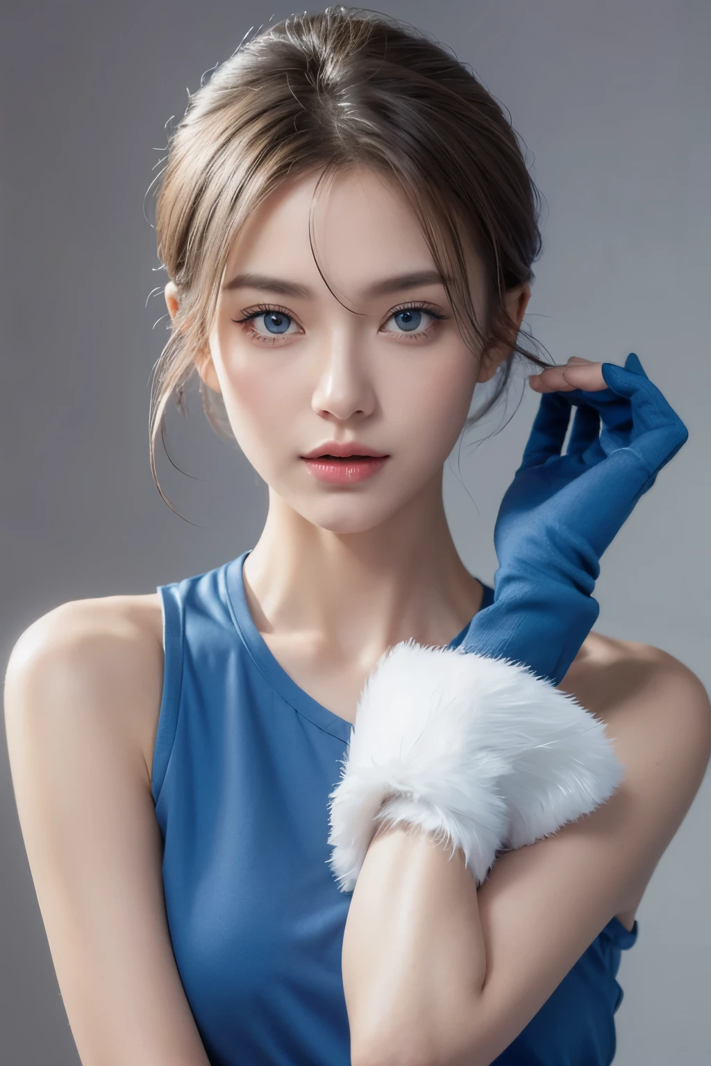 1 woman, Bethel, blue eyes, bare shoulders, chest, medium chest, Short hair, gray hair, hair above one eye, forehead, Gloves, sleeveless, 홀rho, shirt, fingerless Gloves, white shirt, sleeveless shirt, 팔은 뒤rho, off shoulder, either, laugh, (masterpiece), (best quality), (very detailed), inside, simple background, Blue flowers, <rho