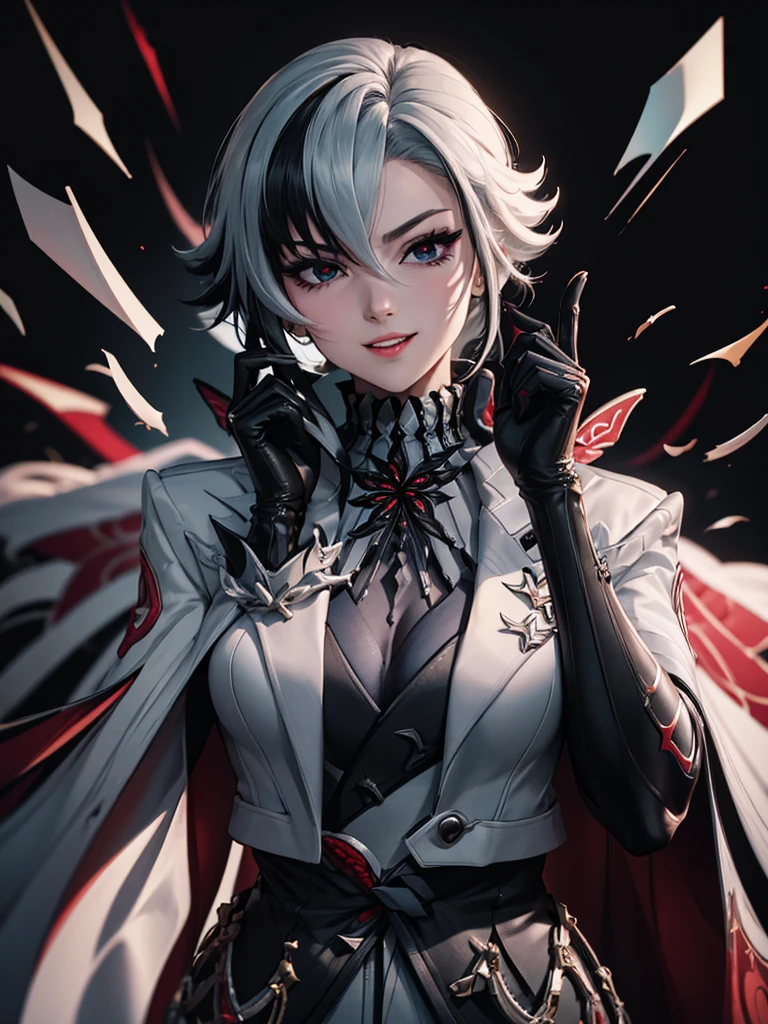 best quality, masterpieceï¼parted_lips, sidelocks, turtleneck, black_gloves, x-shaped_pupils, :d, looking_at_viewer, simple_background, highres, english_commentary, finger_to_mouth, index_finger_raised, solo, grey_background, 1girl, arlecchino_\(genshin_impact\), long_sleeves, absurdres