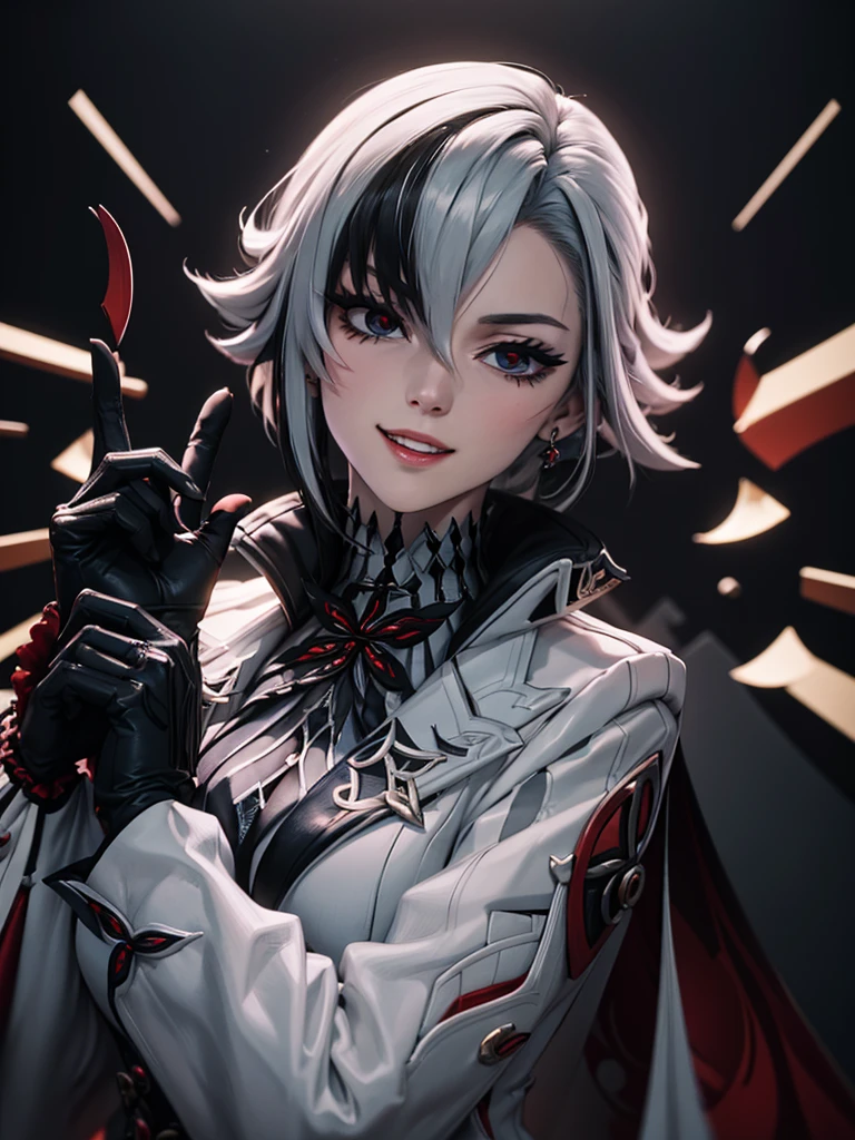 best quality, masterpieceï¼parted_lips, sidelocks, turtleneck, black_gloves, x-shaped_pupils, :d, looking_at_viewer, simple_background, highres, english_commentary, finger_to_mouth, index_finger_raised, solo, grey_background, 1girl, arlecchino_\(genshin_impact\), long_sleeves, absurdres 