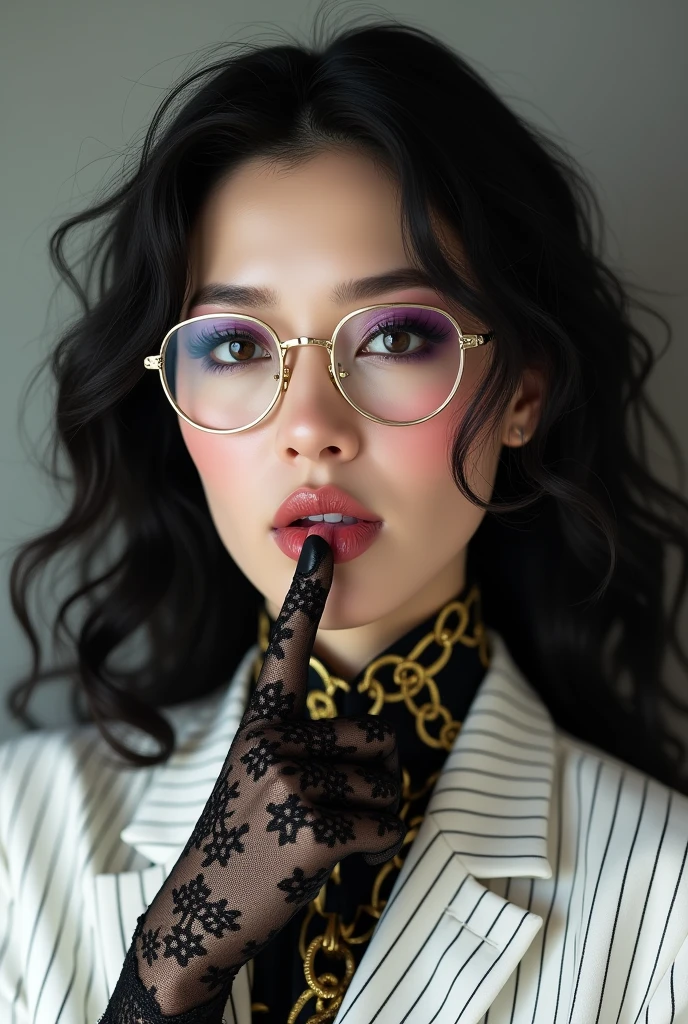 With long, curly black hair、Heavy makeup and purple eyeshadow、Dark eyeliner、Around her neck she wears a ribbon-shaped satin black and gold chain patterned scarf.、Wearing gold-rimmed glasses、Wearing long gloves made of black rose lace、A Japanese woman in her 40s wearing a striped white suit is licking her fingers obscenely with her tongue