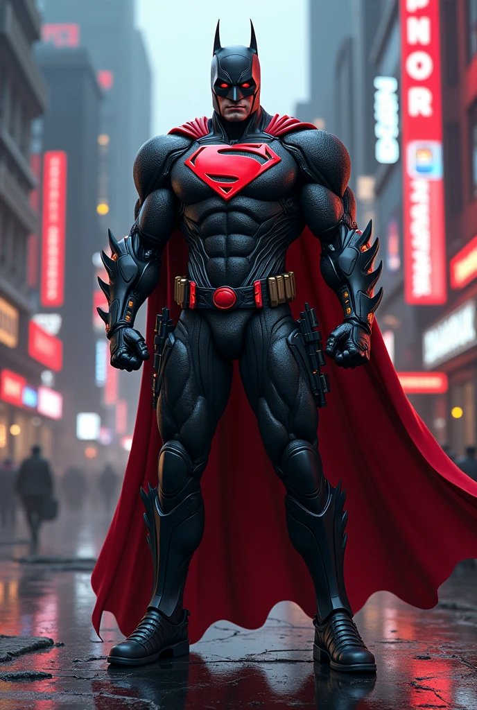 Create a highly detailed HD fused image of Batman hellbat and Superman, adding details of Deadpool, adding details of cybernetic hellbat armor.