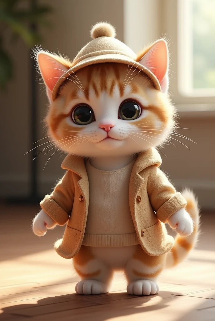 "A realistic and cute cat standing on its hind legs, facing directly forward, wearing an adorable outfit and a matching hat. The cat has soft fur with a mix of white and light brown patches. The outfit is stylish and charming, enhancing the cat's cuteness. The background is simple and slightly blurred to keep the focus on the cat. The lighting is natural, giving the fur and clothing a soft, warm glow. The cat has a playful and friendly expression, with large, round eyes looking straight ahead."
