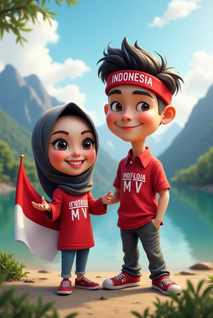 5D caricature of a woman with hijab, short and an Indonesian man, tall aged 23 wearing a red headband with writing "Indonesia", smiling sweetly. Indonesia, Indonesian woman wearing a red shirt with " Indonesia MV ", and white pants and black shoes is holding an August Indonesian flag. with a mountainous and lake backdrop. Clear writing