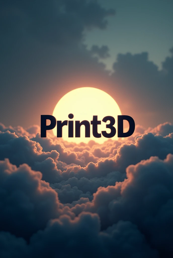 An image in which there are several background clouds and it has to say Print3D in the center, make the clouds of dawn neither day nor night but make it look darker and make Print3D have a white light background,But the logo make it black and make the clouds be in the middle of the text, Remember that the idea of the white light is that it highlights the black but you don't have to make the moon simple, just the black text has to stand out from the warm white
