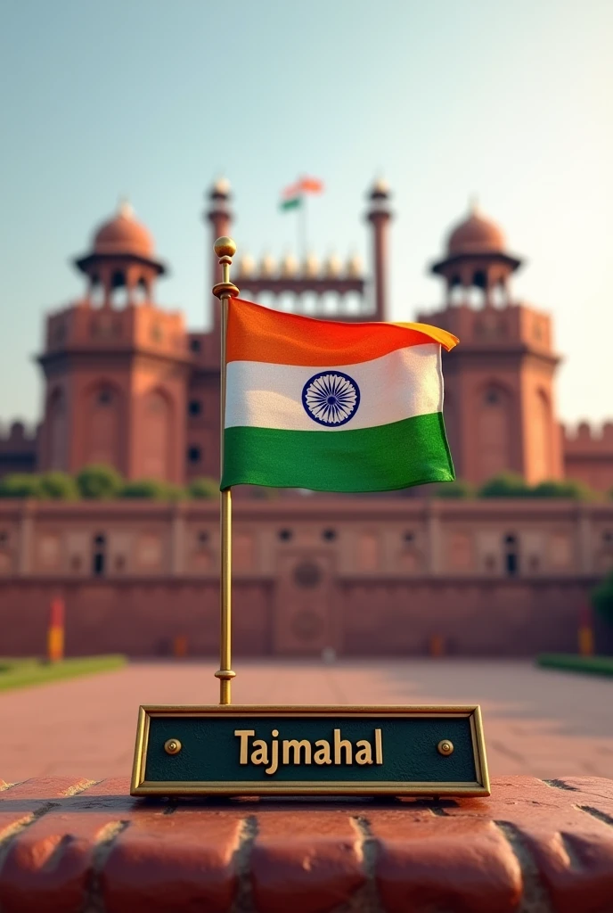 Realistic image create flag on the thar thar name plate "name Tajmahal" 15 Aug 2024 back garung for Redfort