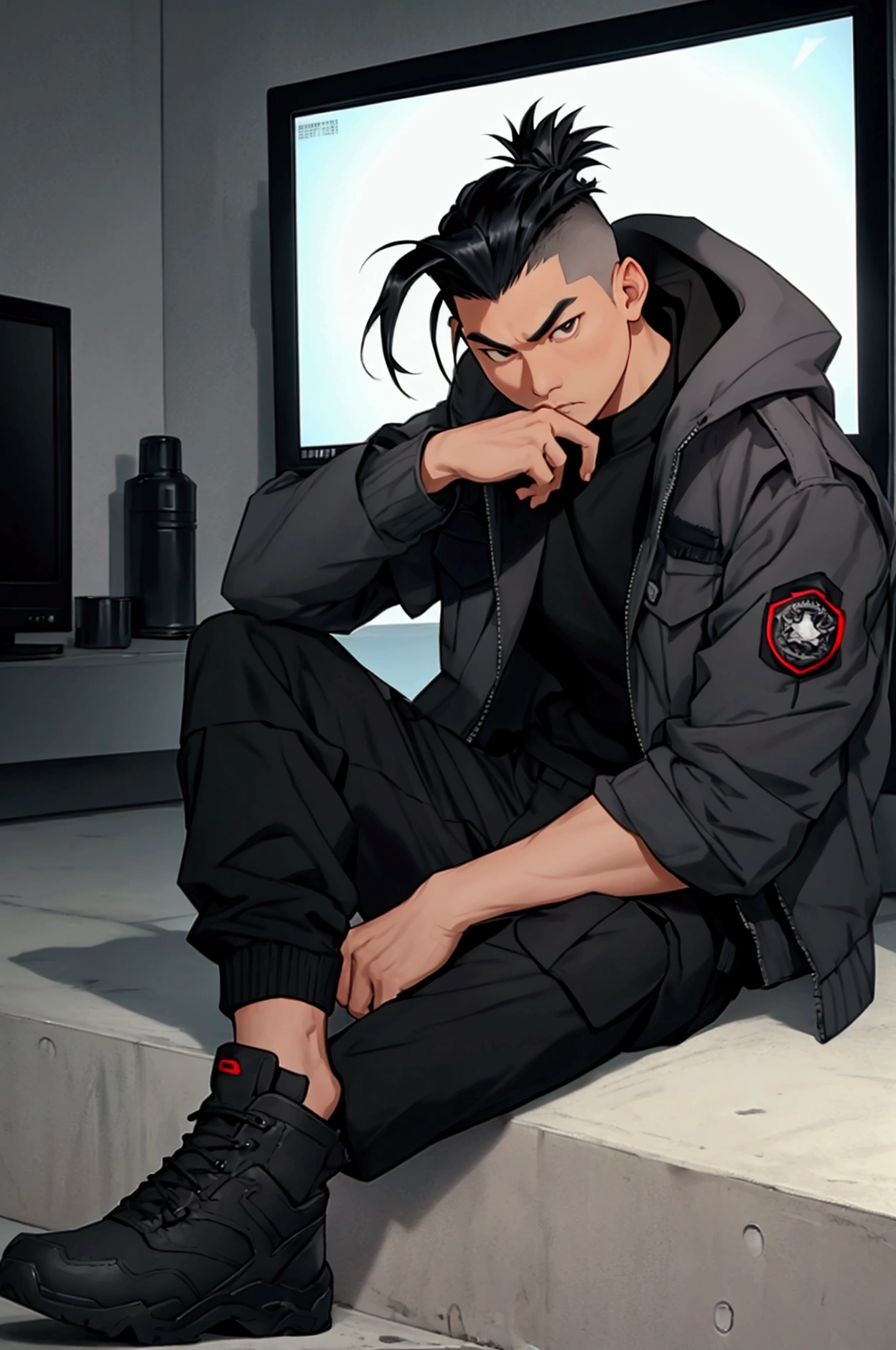 Asian Man , undercut black hair , grey jacket , Black cargo pants , stedy shoes , sitting at home , watching news on tv , giving serious look