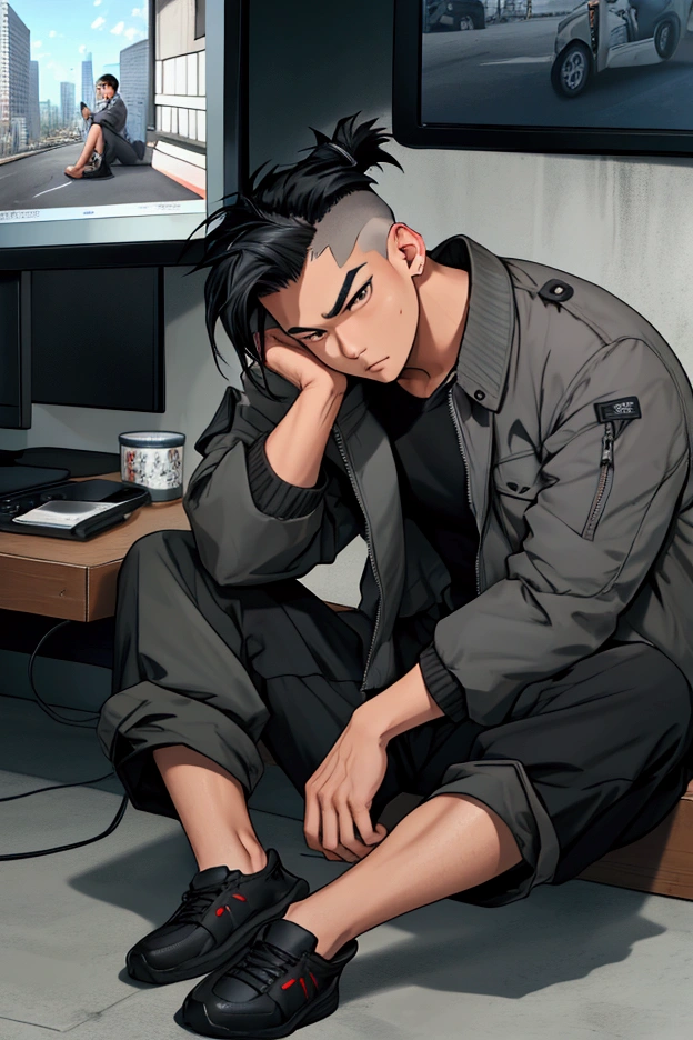 Asian Man , undercut black hair , grey jacket , Black cargo pants , stedy shoes , sitting at home , watching news on tv , giving serious look