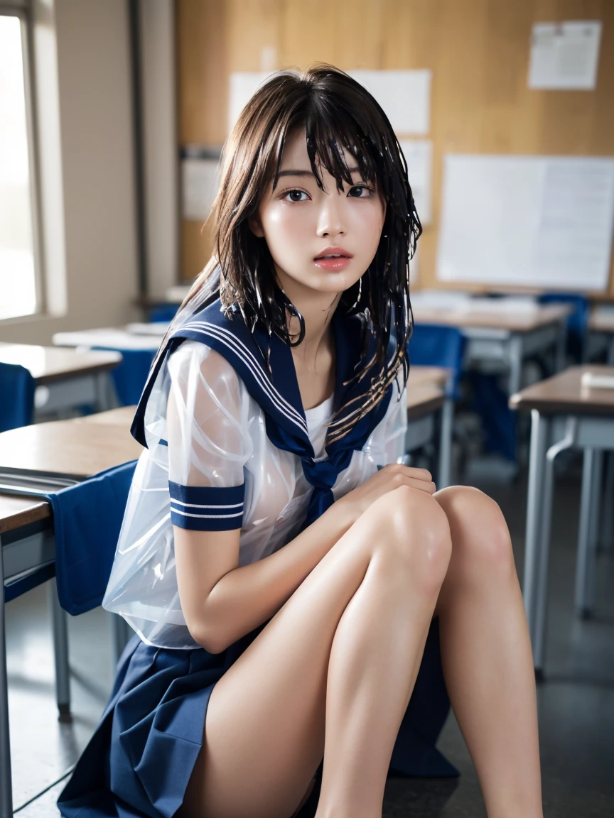 (masterpiece:1.2), Very detailed, Ultra-high resolution, (Realistic, photo Realistic:1.6), High-resolution RAW color photos, Professional photos, Sharp focus:1.2, (Very detailed顔と肌の質感, Very beautiful eyes, Glossのある肌, Glowing Skin, Glowing Skin, Shining Face, Gloss, Oily skin, greasy face, Oily skin, greasy face,),, (real Glossのある肌 texture), Perfect Anatomy, Very detailed背景,(High school classroom at night),1 female,(short hair, Straight hair, bangs, Brown Hair),((Flat Chest:1.6)),(Slender legs), ((((White short-sleeved sailor suit、Navy blue pleated skirt:1.5、Sexy string T-panty inside the skirt))),((sit at a desk with your knees up:1.4))、(((A sailor uniform made of wet, transparent fabric:1.6))),(((Sexy bra covered by sailor suit:1.3))),Invite to sex