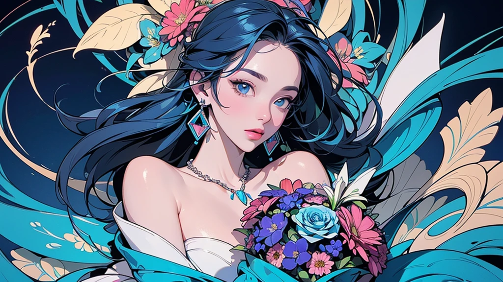 32K, 最高quality, 最高masterpiece, (ultra-Detailed Background, Detailed Background), High resolution, Super detailed, Very detailedな, 1 personの, (bouquet:1.3), (Tangled:1.2), (Geometric:1.2),(colorful),(masterpiece, quality, best quality, Official Art, Beautiful and beautiful:1.2), (1 person:1.3), Very detailed,(colorful:1.1)(Flowers:1.3),Most detailed,(Tangled:1.2), whole body, (Abstract background:1.3), (Skin glows), (Many colors:1.4), ,(Earrings Jewelry:1.5), Blue Background,