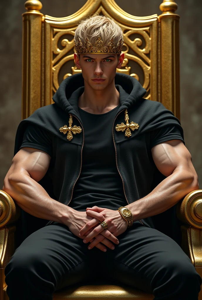 (photorealism:1.2), handsome and young man, muscular build, dominant aura, sitting on a golden throne, with an intimidating pose, dressed in a black t-shirt and black pants, with a black cloak with golden clasps, short blonde hair, green eyes, gold crown and several gold rings