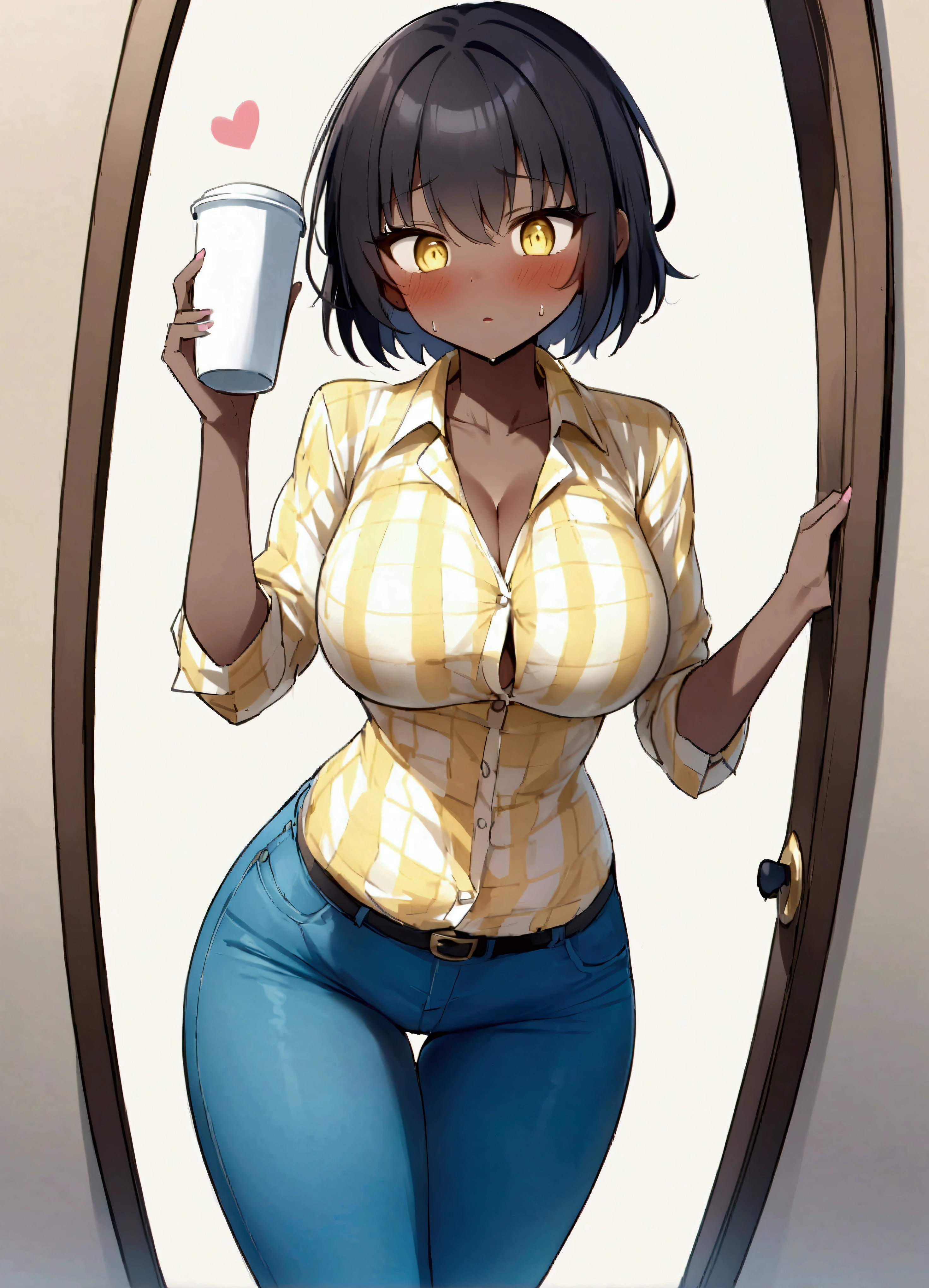(source_anime)、score_9、score_8_up、score_7_up、Expressive、anime、Artist Speedline、dynamic、One person、(Karin_(Blue Archive))、(dark-skinned_female:1.2)、Yellow Eyes、Hello、Focus from above、Staring at the audience、blush、Sweat、cup one&#39;s chest、triumphantly、Moaning、solo、Tempting、(cute)、Staring at the audience、thin、Toned body、Round ass、Thick eyelashes、Black eyeliner、thinウエスト、Wide Hips、Big Ass)、Big Breasts、Big eyes、blush、Checked shirt、Button Up、Collared shirt、Checked shirt、Red Shirt、発Sweat、open、(Yellow Shirt、Checked shirt)、denim、jeans、Arch your back、Stand up straight、Simple Background