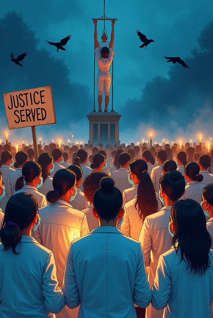 Thousands of women wearing a white doctor's coat , blue to white mask in their mouth, holding candle in their hand, a big justice board written justice served is kept near them.In a pedestal the jailor is hanging a man. The women are sitting and watching from down. The sky is sunset to night. 4 crows are flying in the . The background is foggy. Portrait illustration, soft colour pencil art,cartoon, high contrast.