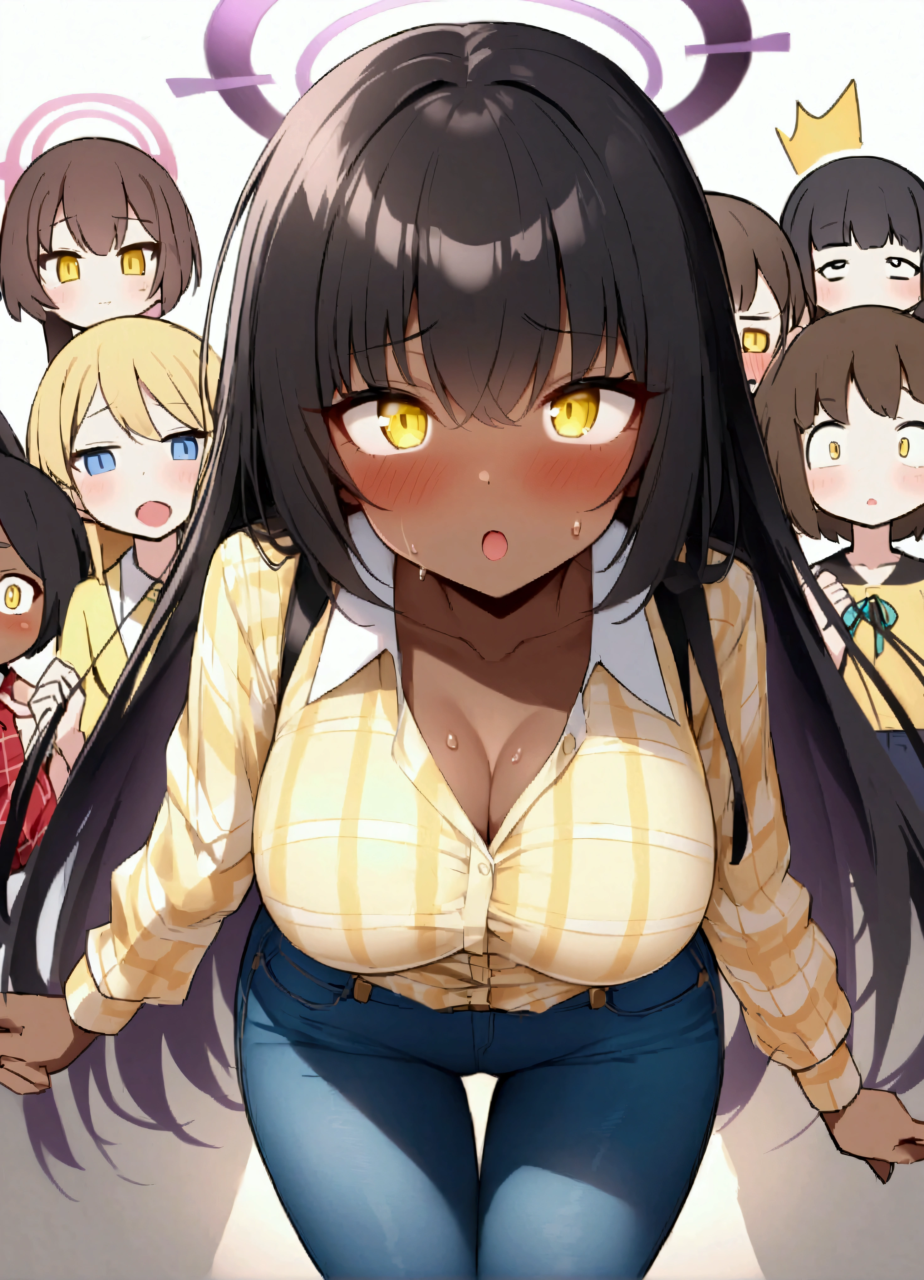 (source_anime)、score_9、score_8_up、score_7_up、Expressive、anime、Artist Speedline、dynamic、One person、(Karin_(Blue Archive))、(dark-skinned_female:1.2)、Yellow Eyes、Hello、Focus from above、Staring at the audience、blush、Sweat、cup one's chest、triumphantly、Moaning、solo、Tempting、(cute)、Staring at the audience、thin、Toned body、Round ass、Thick eyelashes、Black eyeliner、thinウエスト、Wide Hips、Big Ass)、Big Breasts、Big eyes、blush、Checked shirt、Button Up、Collared shirt、Checked shirt、Red Shirt、発Sweat、open、(Yellow Shirt、Checked shirt)、denim、jeans、Arch your back、Stand up straight、Simple Background