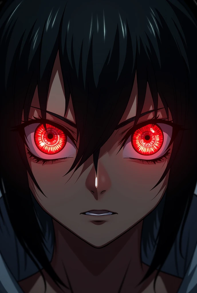An image with Itachi's eyes with Sharingan and Kurapika's scarlet eyes