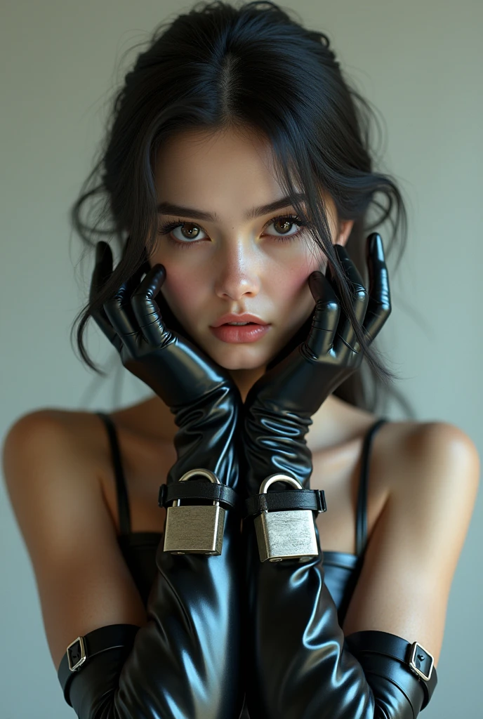 . The girl is wearing long, thick, elbow-length latex gloves that are locked. They are impossible to take off, the gloves are shiny. The gloves have padlocks on the wrists and elbows. The latex gloves also have metal padlocks. They are located on the wrist and elbow. On the girl's elbow there are straps that are locked with large metal padlocks that firmly fix long thick latex gloves up to the elbow on the girl's hands. There are also straps on the wrists, covered with large padlocks, which firmly fix the long, thick, elbow-length latex gloves on the girl's wrists. Beautiful girl innocent look Super realistic