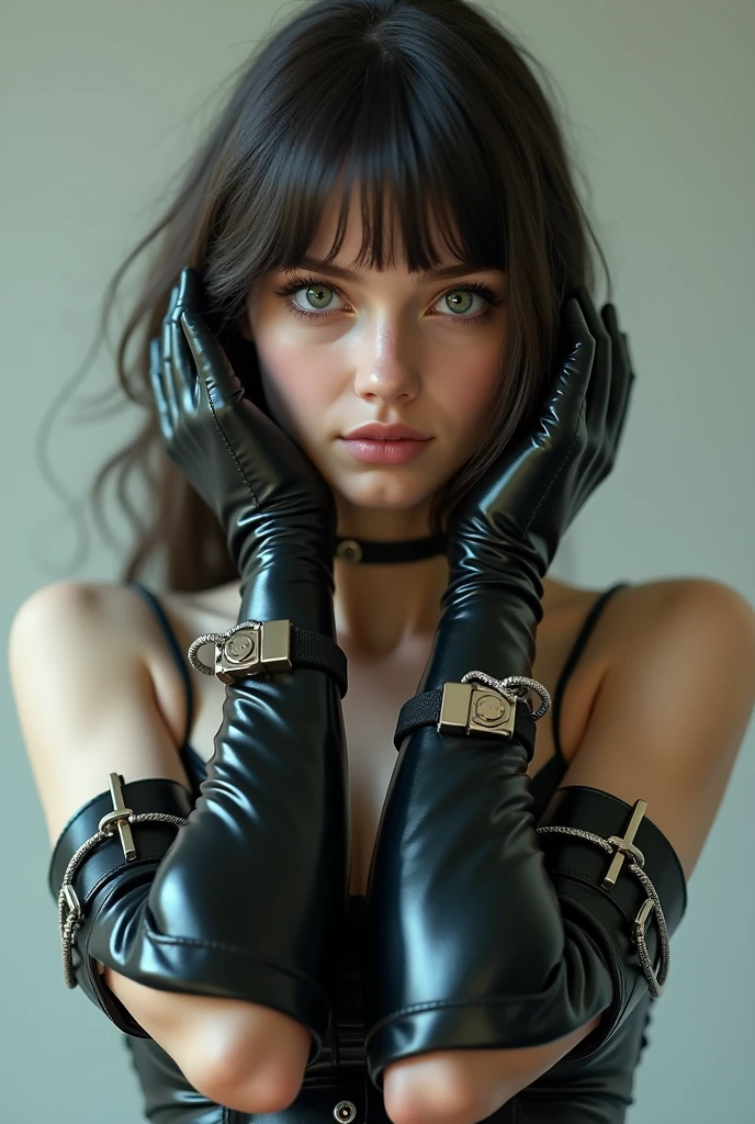 . The girl is wearing long, thick, elbow-length latex gloves that are locked. They are impossible to take off, the gloves are shiny. The gloves have padlocks on the wrists and elbows. The latex gloves also have metal padlocks. They are located on the wrist and elbow. On the girl's elbow there are straps that are locked with large metal padlocks that firmly fix long thick latex gloves up to the elbow on the girl's hands. There are also straps on the wrists, covered with large padlocks, which firmly fix the long, thick, elbow-length latex gloves on the girl's wrists. Beautiful girl innocent look Super realistic