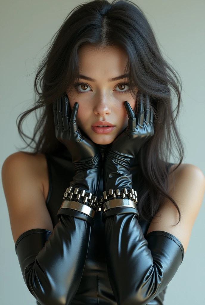 . The girl is wearing long, thick, elbow-length latex gloves that are locked. They are impossible to take off, the gloves are shiny. The gloves have padlocks on the wrists and elbows. The latex gloves also have metal padlocks. They are located on the wrist and elbow. On the girl's elbow there are straps that are locked with large metal padlocks that firmly fix long thick latex gloves up to the elbow on the girl's hands. There are also straps on the wrists, covered with large padlocks, which firmly fix the long, thick, elbow-length latex gloves on the girl's wrists. Beautiful girl innocent look Super realistic