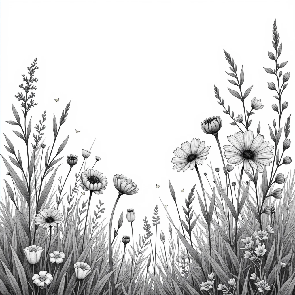 Flower field pattern, Exquisite garden on paper, highly Fine lines, 4K. Detailed drawings, Flowers with intricate details, insanely Fine lines, wildflowers and grass, Fine lines, intricate line art, Black and white detailed sketch, Sketch black and white color, highly detailed black ink outlines