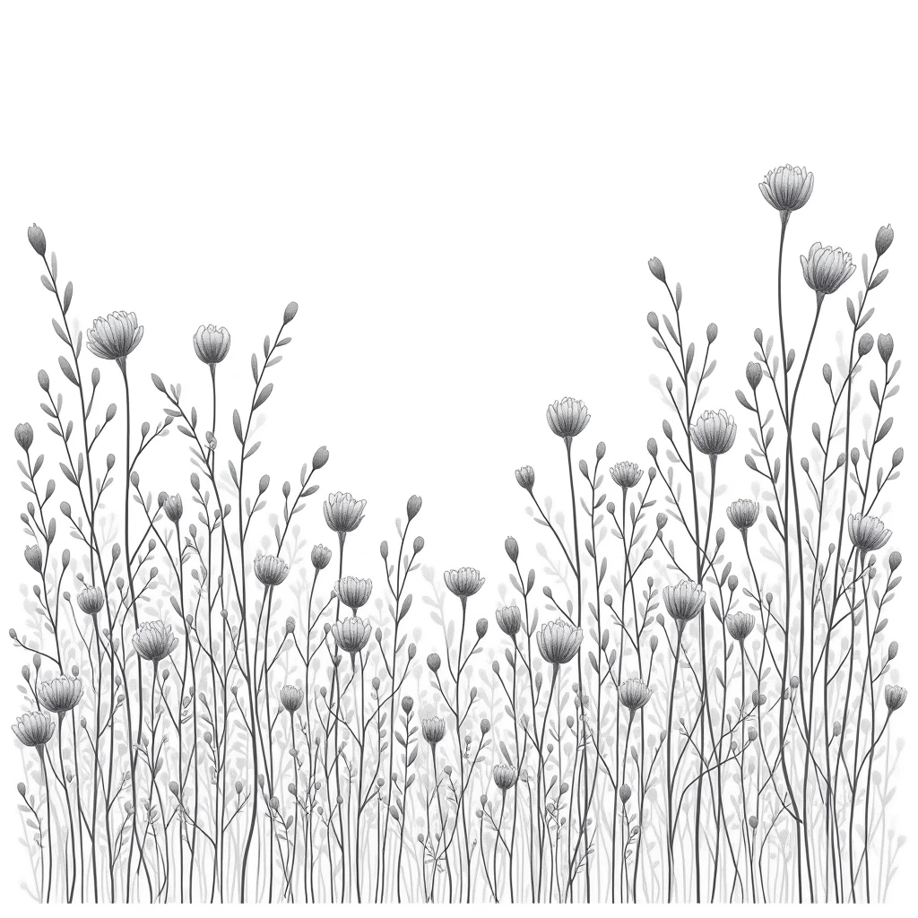 Flower field pattern, Exquisite garden on paper, highly Fine lines, 4K. Detailed drawings, Flowers with intricate details, insanely Fine lines, wildflowers and grass, Fine lines, intricate line art, Black and white detailed sketch, Sketch black and white color, highly detailed black ink outlines