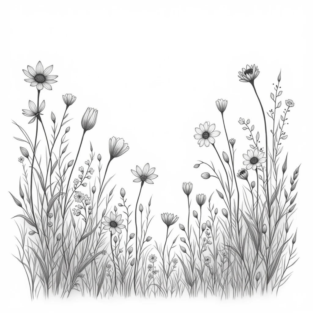 Flower field pattern, Exquisite garden on paper, highly Fine lines, 4K. Detailed drawings, Flowers with intricate details, insanely Fine lines, wildflowers and grass, Fine lines, intricate line art, Black and white detailed sketch, Sketch black and white color, highly detailed black ink outlines