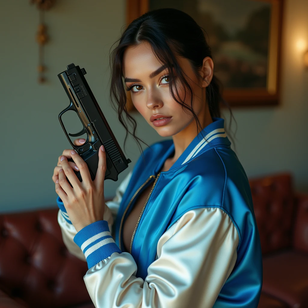 wide depth of field, wide depth of focus, f/11 lens setting, all objects in focus, living room background, full body image,, fragments, soft feminine royal blue and white satin bomber jacket, woman posing with a pistol ,,almost perfect, pure form, intricate details, 8K post-production, high resolution, super detailed, Popular topics on Artstation,, Studio photos, intricate details, Very detailed,
