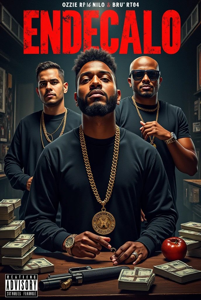 Thumbnail for a trap song called ENDECALO, with singers OZZIE PR X BIG NILO X ERU14 who show drugs, money, and weapons, white people