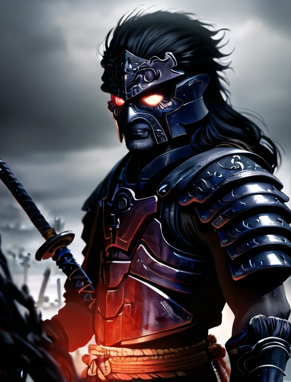 A highly detailed, hyperrealistic anime-style samurai warrior with intense glowing eyes, a fierce expression, flowing black hair, sharp facial features, and an ornate samurai armor suit with intricate designs, holding a large, ornate sword, surrounded by a dark, dramatic background with dramatic lighting and moody atmosphere, cinematic composition, muted color palette, (best quality,4k,8k,highres,masterpiece:1.2),ultra-detailed,(realistic,photorealistic,photo-realistic:1.37),dramatic lighting,dark moody atmosphere,cinematic composition,muted color palette,samurai,berserk,warrior,anime,fantasy,highly detailed