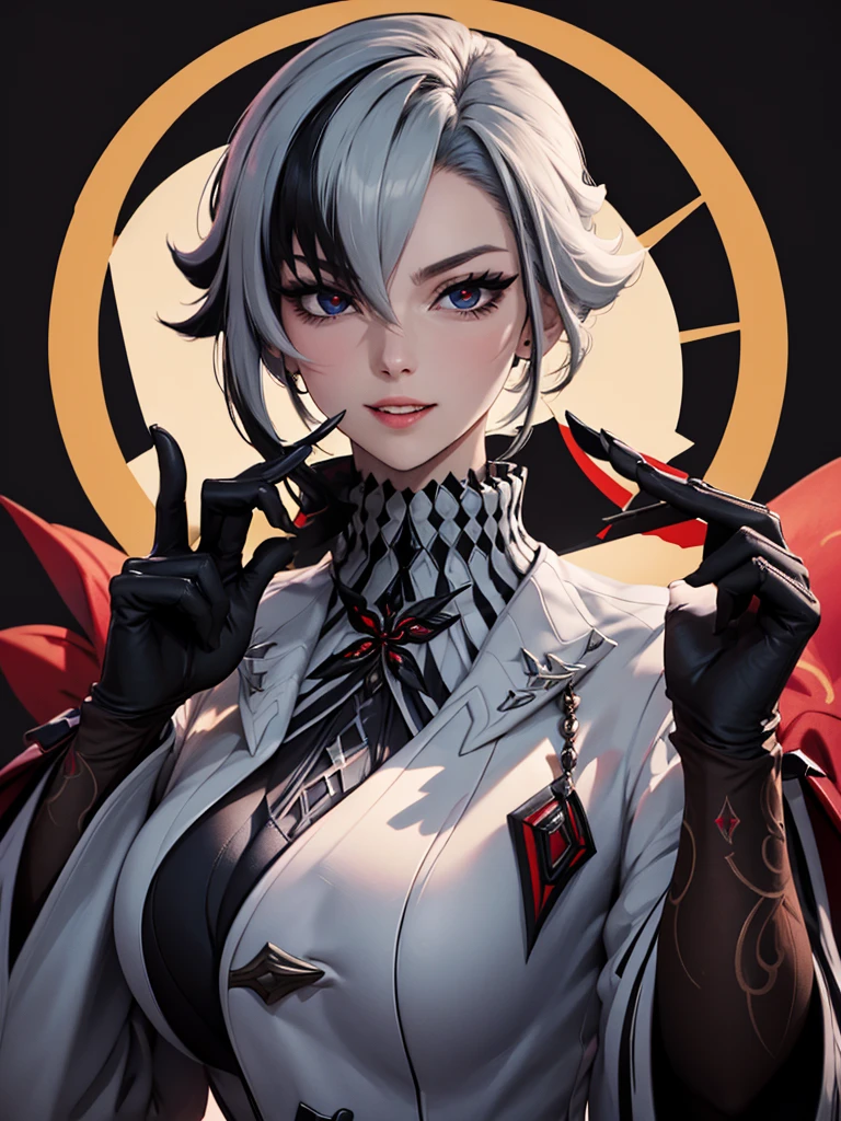 (lifelike, high - resolution:1.3), 1 girl with a perfect body,slender body, Super fine face and eyes,assasin, dark makeup, shiny skin,white hair, sexy black bodysuit, Expose cleavage, extravagant makeup, pink eyeshadow, dark makeup, (((firing,bullet,gun,light particles))), holding gun, shocked expression, pointing gun, action pose, extravagant makeup, leopard print, lab coat