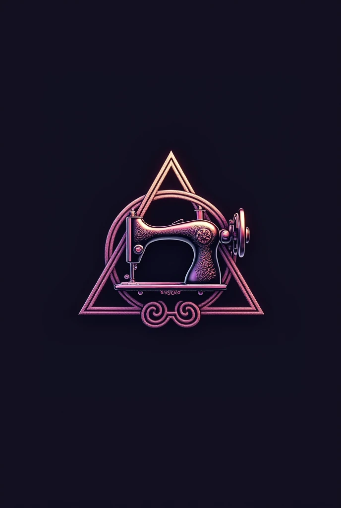 Logo for a sewing studio in black and purple with a triquetra and sewing machine in the center