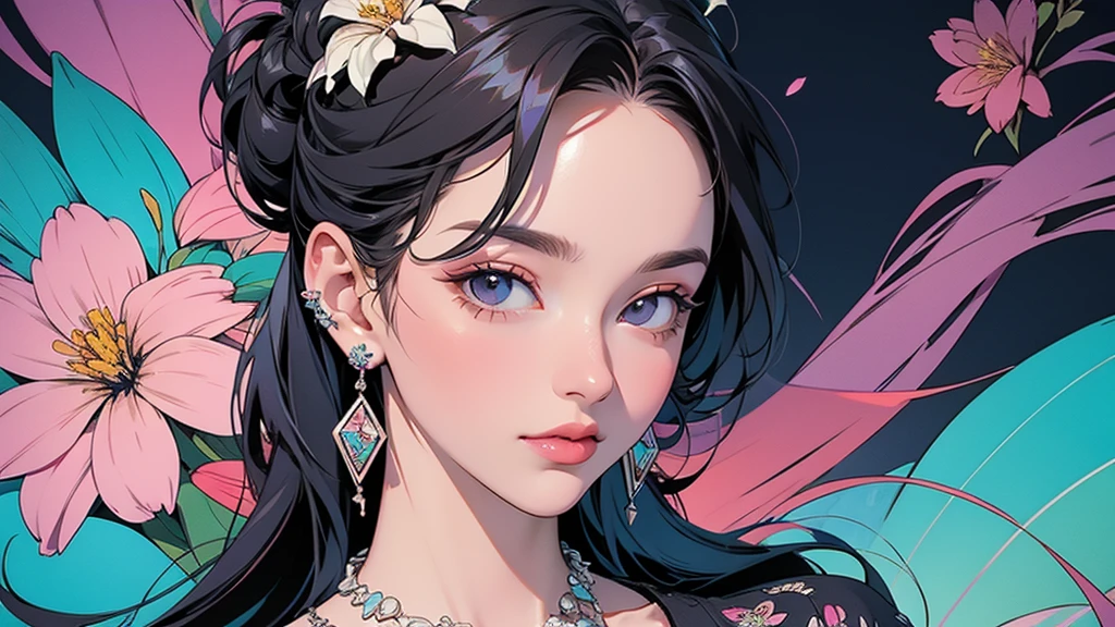 32K, 最高quality, 最高masterpiece, (ultra-Detailed Background, Detailed Background), High resolution, Super detailed, Very detailedな, 1 personの, (bouquet:1.3), (Tangled:1.2), (Geometric:1.2),(colorful),(masterpiece, quality, best quality, Official Art, Beautiful and beautiful:1.2), (1 person:1.3), Very detailed,(colorful:1.1)(Flowers:1.3),Most detailed,(Tangled:1.2), whole body, (Abstract background:1.3), (Skin glows), (Many colors:1.4), ,(Earrings Jewelry:1.5), Blue Background,