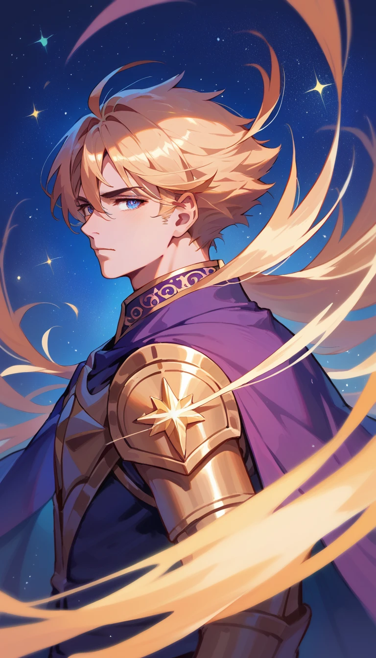 Handsome, tall cosmic knight made of nebulae, comets and stars with a beautiful and elegant armor with stellar sparkles and a purple mantle with blue, with a beautiful silky golden hair with silver