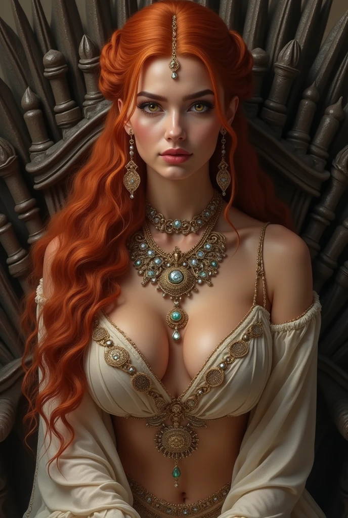1 beautiful arab girl, Symmetrical , breasts big, ((completely naked)) long red hair, curly and wavy, tied up in a Game of Thrones air style daenerys hairstyle. lovely masterpiece ((honey yellow eyes)), very thick hourglass body, looking at the viewer showing cleavage, Sentado no trono de ferro, posing seatedly, (natta), wearing jewelry, crystal necklaces, aretes, rings, offering her body nsfw