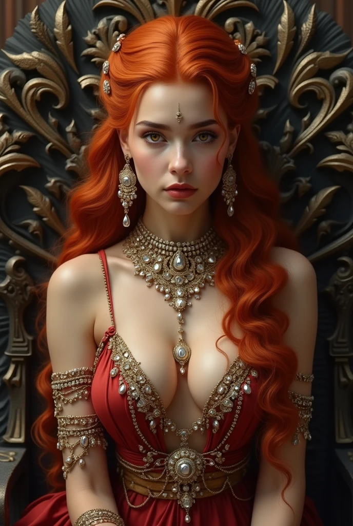 1 beautiful arab girl, Symmetrical , breasts big, ((completely naked)) long red hair, curly and wavy, tied up in a Game of Thrones air style daenerys hairstyle. lovely masterpiece ((honey yellow eyes)), very thick hourglass body, looking at the viewer showing cleavage, Sentado no trono de ferro, posing seatedly, (natta), wearing jewelry, crystal necklaces, aretes, rings, offering her body nsfw