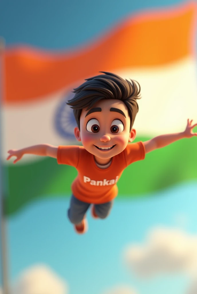 in 3d animation style a vary handsome boy 15year fly india tiranga pankaj name is printed on the T-shirt