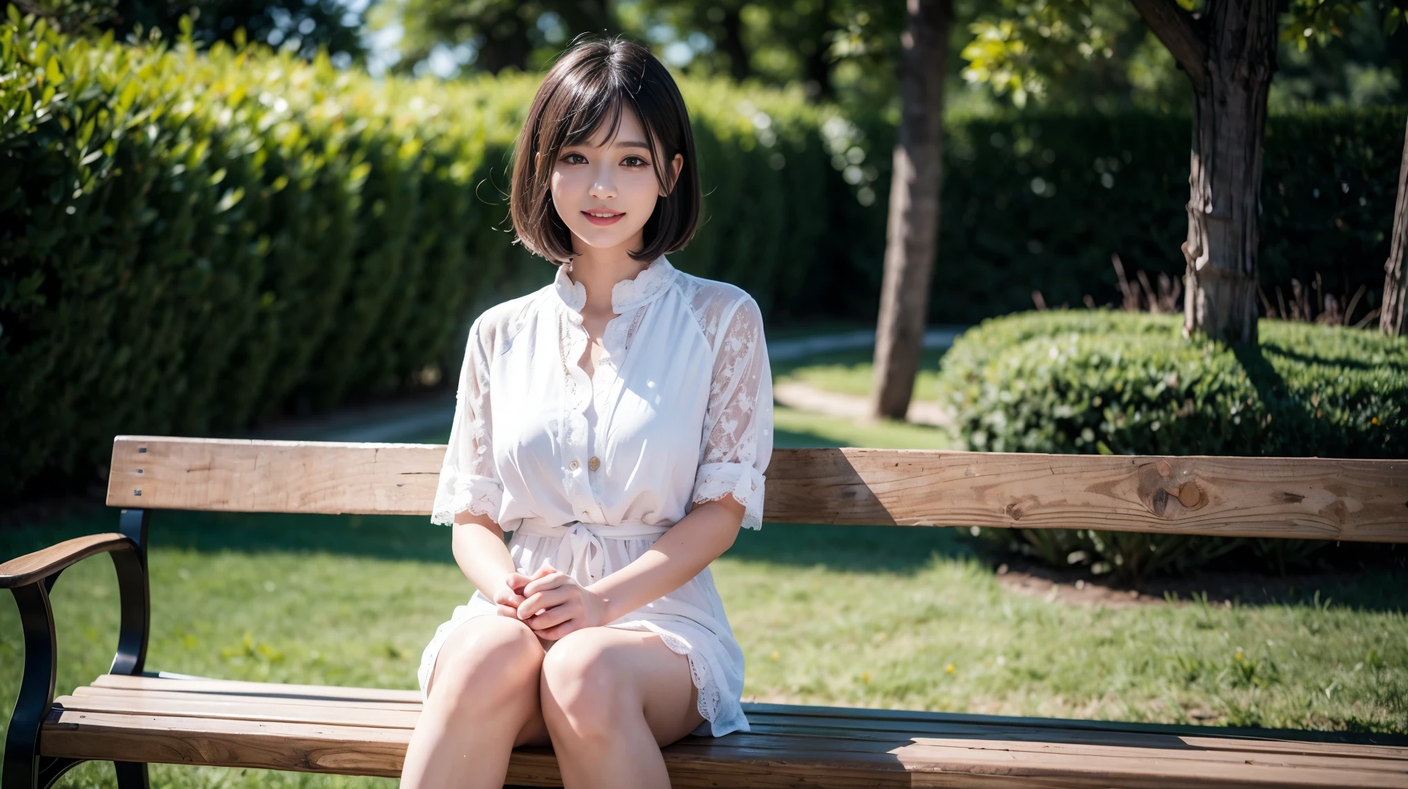 There is a woman sitting on a bench in a park - SeaArt AI