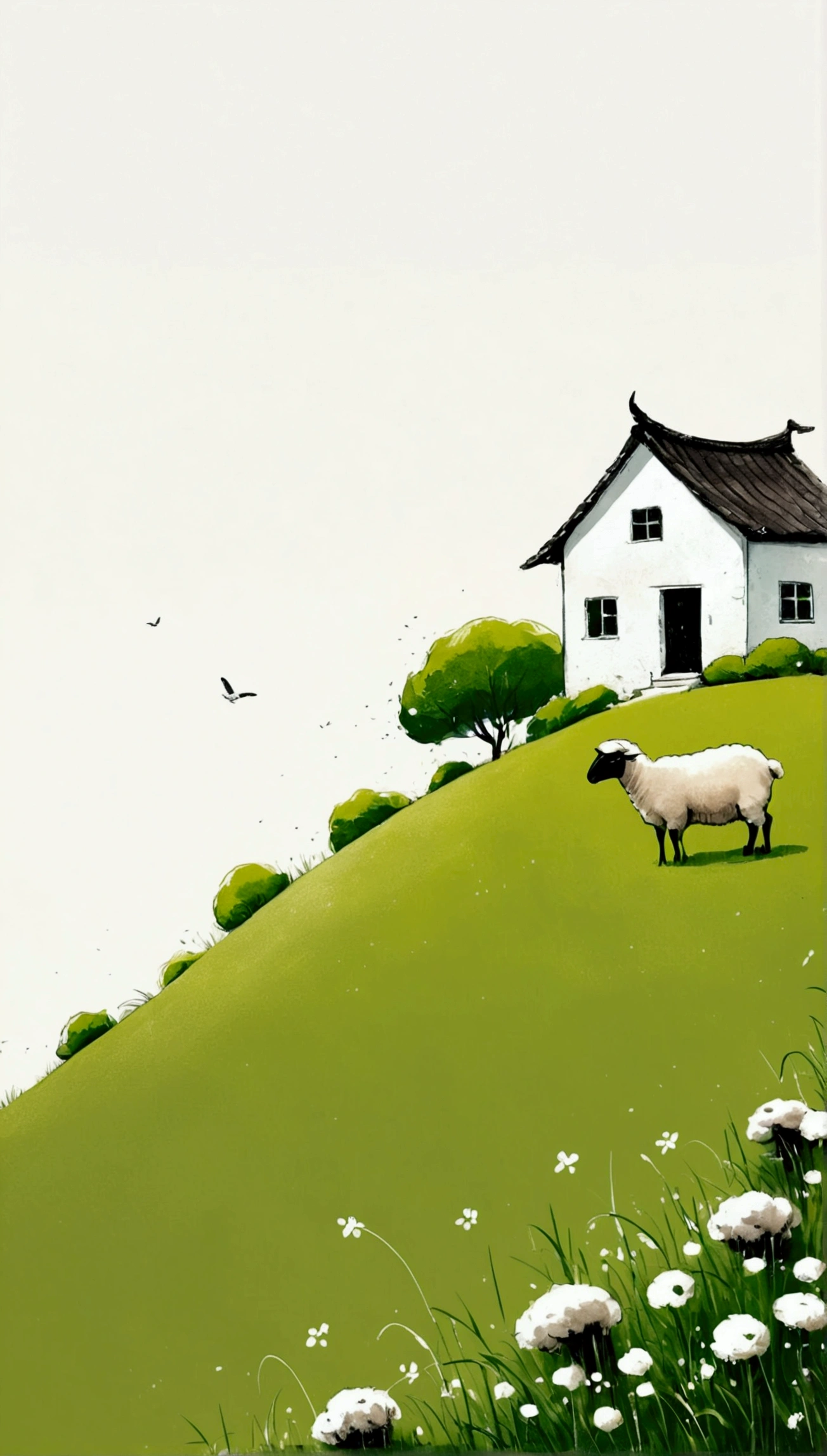 中国水墨画sketch:Light Ink,Lowercase,sketch,artistic conception:2.point,sheep on grass,Small house in the distance,Minimalism,White background。(((Negative Space:2,Large areas of blank:2, Bottom left composition)))