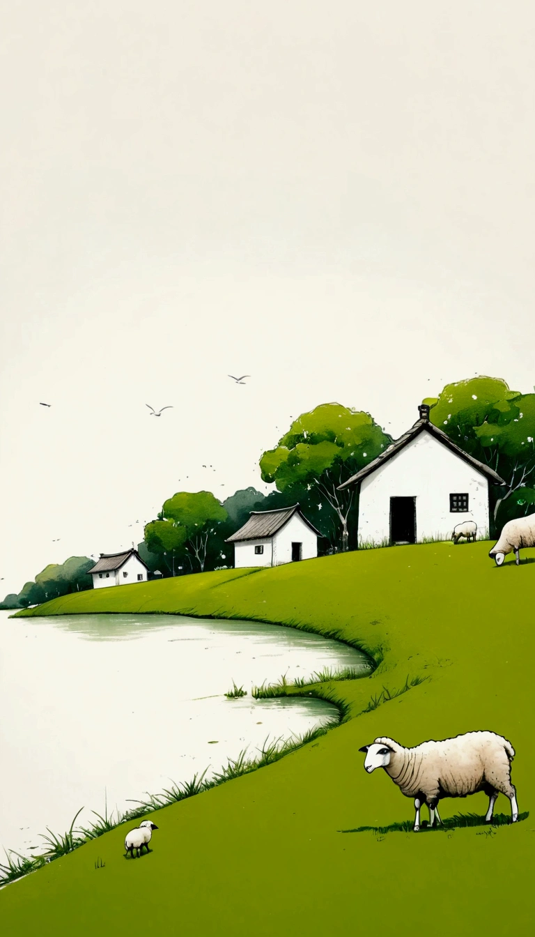 中国水墨画sketch：Light Ink，Lowercase，sketch，artistic conception:2.point，sheep on grass，Small house in the distance，Minimalism，White background。(((Negative Space:2,Large areas of blank:2, Bottom left composition)))