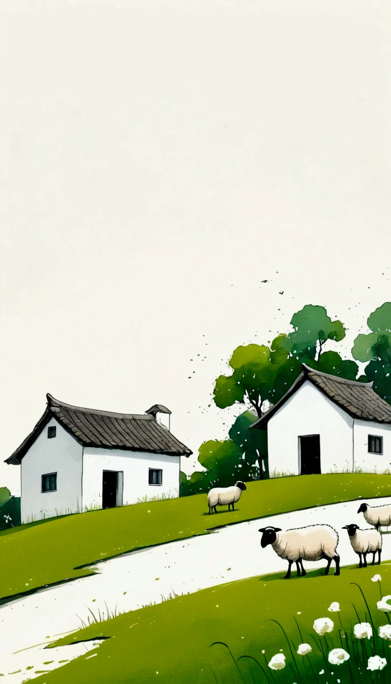 中国水墨画sketch:Light Ink,Lowercase,sketch,artistic conception:2.point,sheep on grass,Small house in the distance,Minimalism,White background。(((Negative Space:2,Large areas of blank:2, Bottom left composition)))
