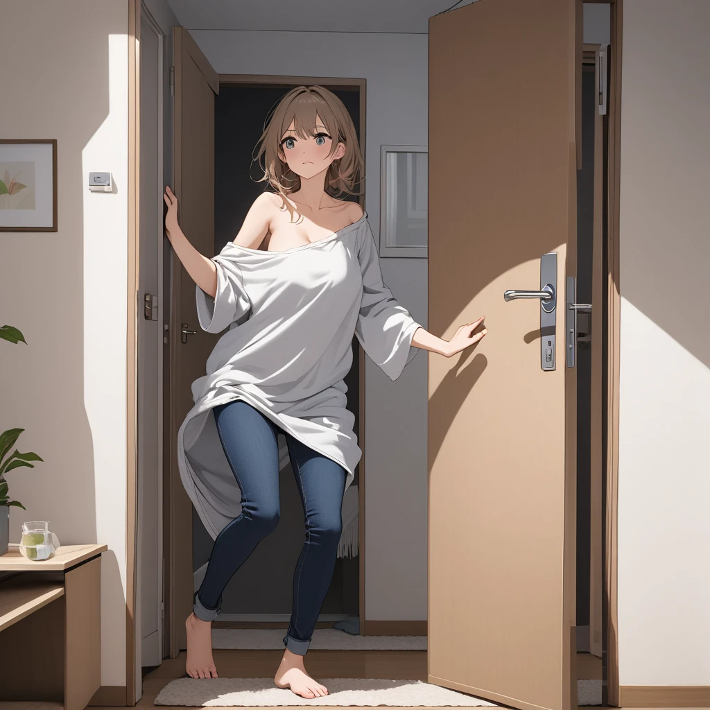 pregnant girl, wearing loose clothing, opening the door to an apartment 
