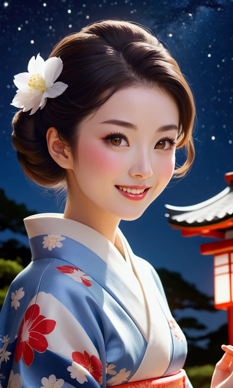 Taisho Romance　A stunning Japanese woman in a kimono is sitting in the grounds of a shrine, eating a rice ball.　nice smile　Beautiful and detailed eyes　at night　Starry Sky　summer night　Summer in Japan　