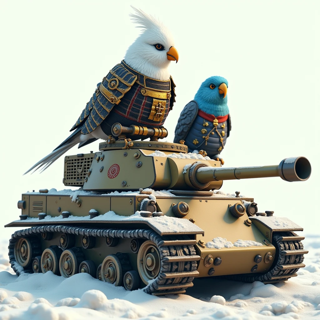 A round, snow-white, fully-feathered Japanese bush warbler in a kimono, riding a caterpillar tank, and a blue-feathered, white-headed, round-eyed budgerigar in a military uniform.