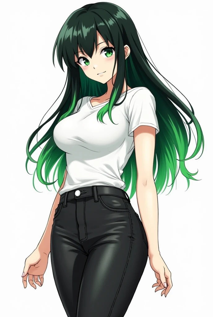 Sketch of a -yeld Myro Academia girl with a 90-60-90 body, long straight black hair with green tips, white skin and green eyes, He's wearing a white tight t-shirt and loose black jeans.