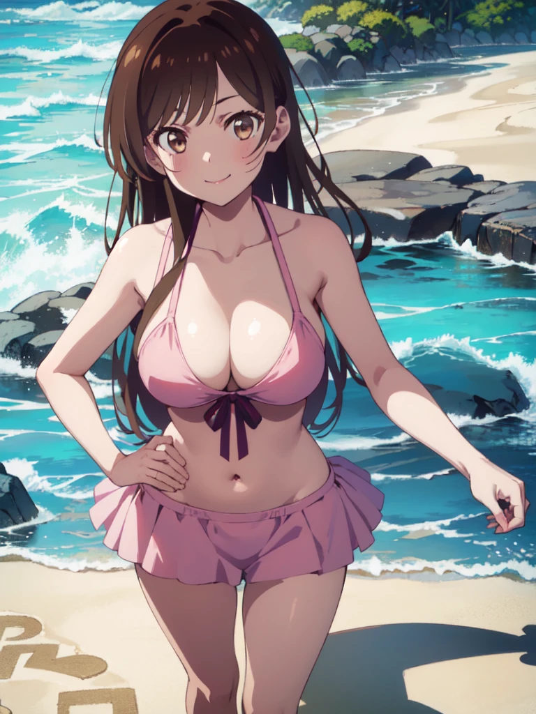 (((pixel-perfect, detail-perfect))), solo, 1girl, chizuru ichinose, naked,looking at viewer, smile, upper body1 girl, beauty, brown eyes, alone, breasts, brown hair, big breasts, Kanojo anime lineart, Chizuru, 1 girl, brown hair, long hair,, big breasts,,add_detail: 1, bikini, FULL BODY ,in the Beach , ViEW from below 