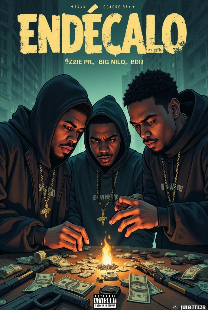 Thumbnail for a trap song called ENDECALO, with the singers OZZIE PR X BIG NILO X ERU14 who see drugs, money and weapons, white people