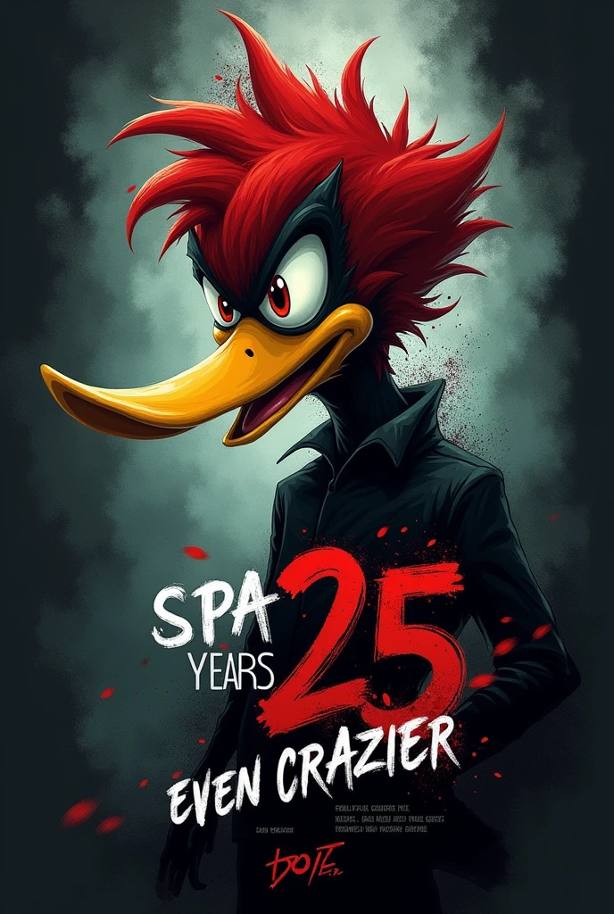 print for shirt, The Woody Woodpecker Show maluco estilo dark sombrio com a frase "SPA 25 YEARS, even crazier"