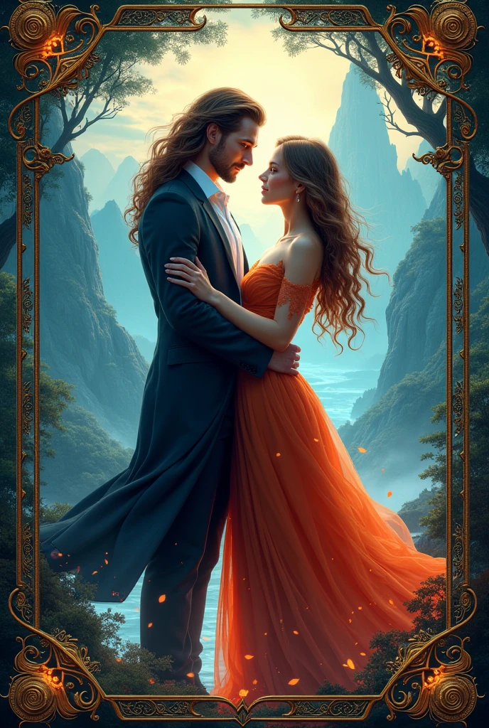 Imagine an image, for a fantasy book cover with the couple, o ator Dacre Montgomery com cabelo logos , of actress Addison Rae with wavy brown hair