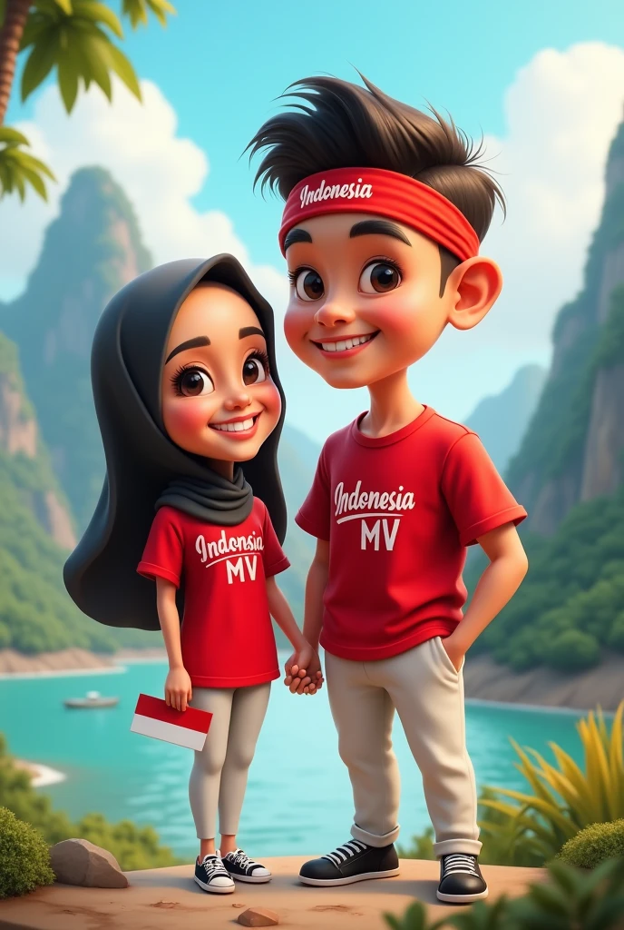 5D caricature of a woman with hijab, short and an Indonesian man, tall aged 23 wearing a red headband with writing "Indonesia", smiling sweetly. Indonesia, Indonesian woman wearing a red shirt with " Indonesia MV ", and white pants and black shoes is holding an August Indonesian flag. with a mountainous and lake backdrop. Clear writing