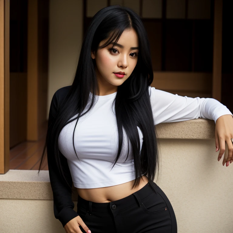 body photo, beautiful detailed, cute face, short, Guanajuato girl, long black hair, black hair over one eye, long sleeve plain T-shirt, long pants, fat wide hips, solo, 