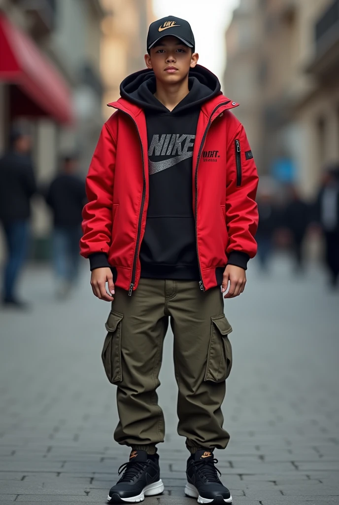 Realistic photo of a young man wearing cargo pants, black nike tennis shoes, red jacket and underneath the hood of the jacket a black nike cap.