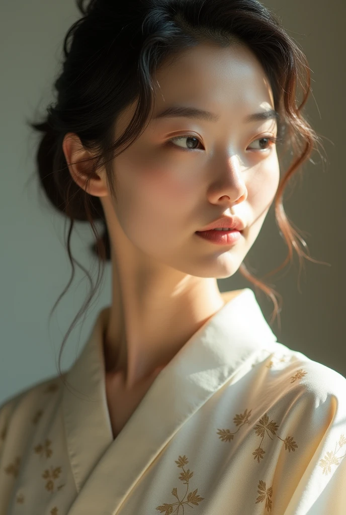 An elegantly dressed Japanese woman in natural light、A close-up of her chest and calm expression.、It shows her inner peace and outer charm.。